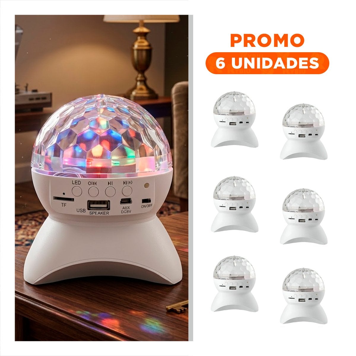 PACK6 ALTAVOZ PORTATIL CON LUCES LED GIRATORIO Y LAMPARA COLOR BLANCO - 1