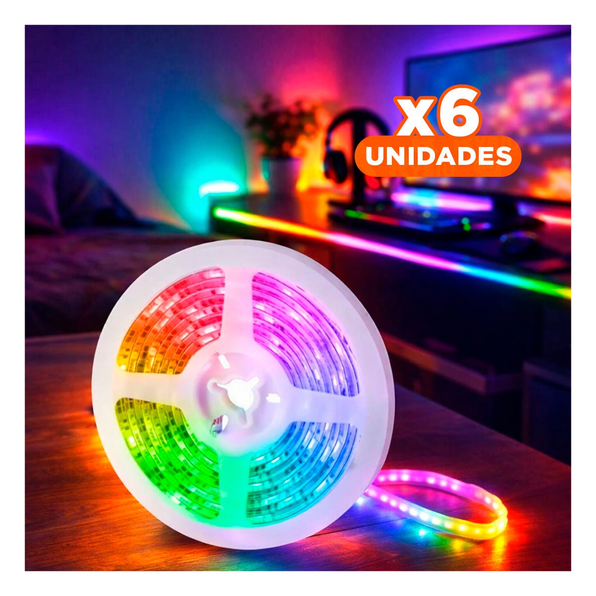 PACK6 BANDAS 5M LED BLUETOOTH PARA CELULAR Y ILUMINACION MODERNA EN DORMITORIO Y+REGALO STICKER - 1