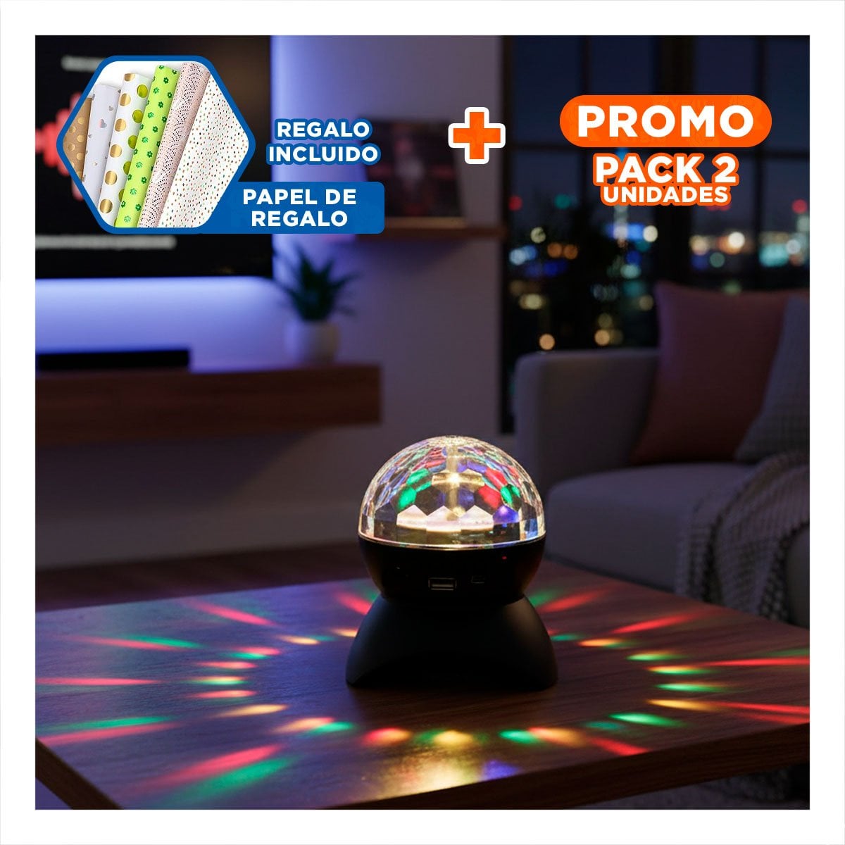 PACK2 BOCINA FIESTA CON LAMPARA Y LUCES LED GIRATORIO COLOR NEGRO Y+PAPEL REGALO - 1