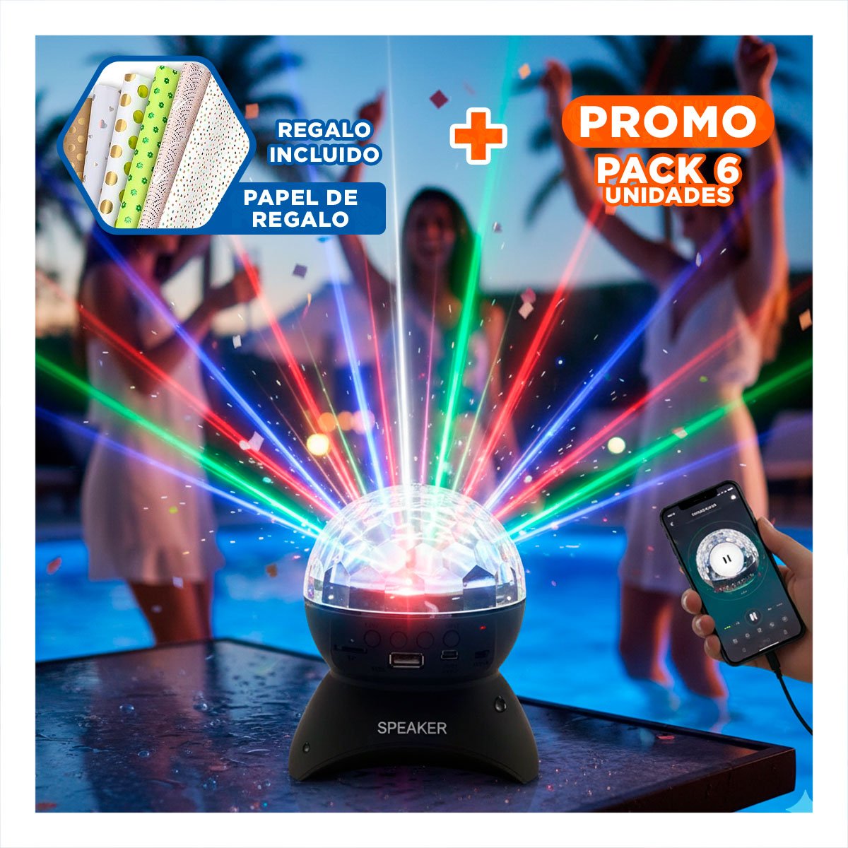 PACK6 SONIDO LAMPARA BLUETOOTH CON LUCES LED GIRATORIO COLOR NEGRO Y+PAPEL REGALO - 1