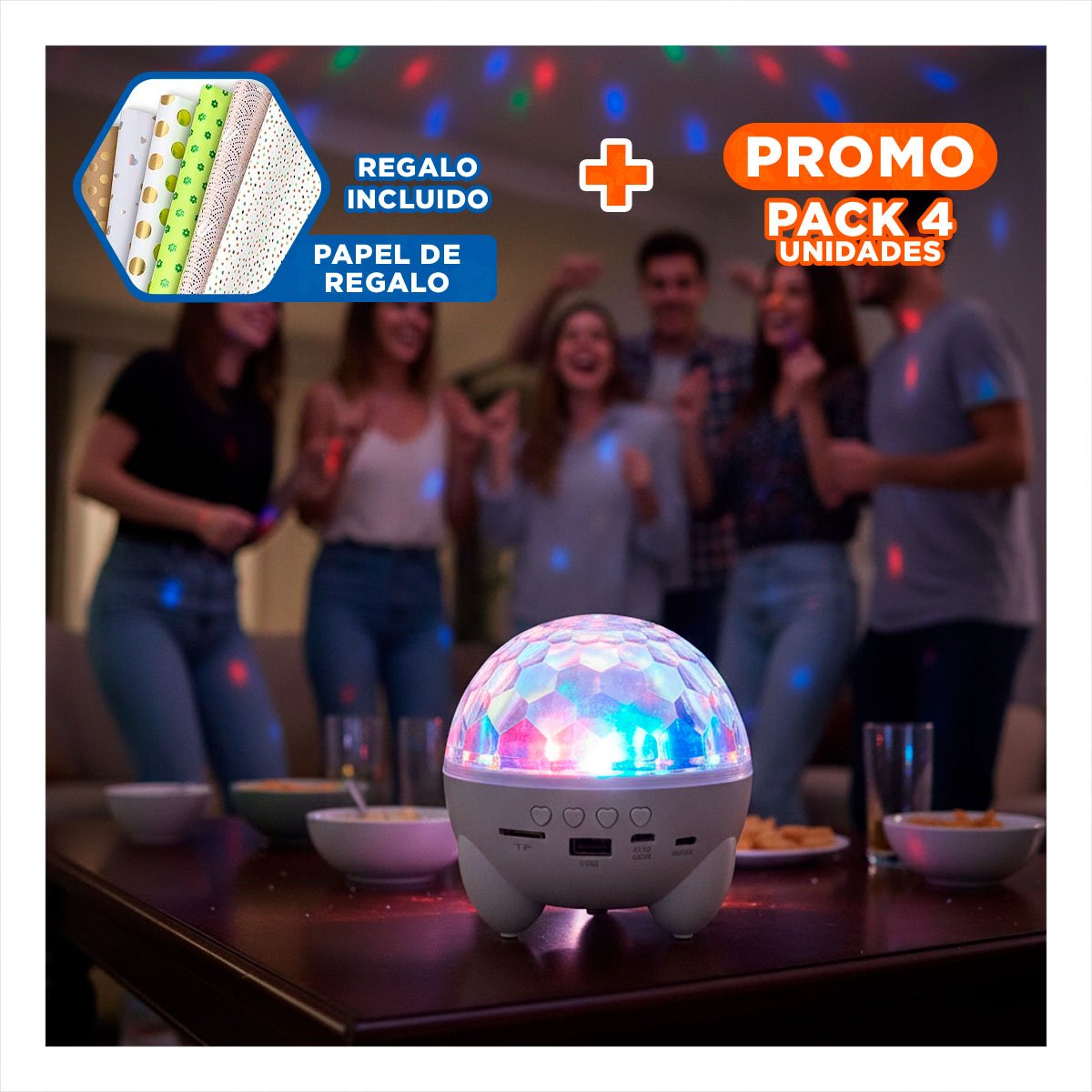 PACK4 BOCINA PORTATIL CON LAMPARA Y PROYECTOR BLANCO DE DISCOTECA CON PATITAS Y+PAPEL REGALO - 1