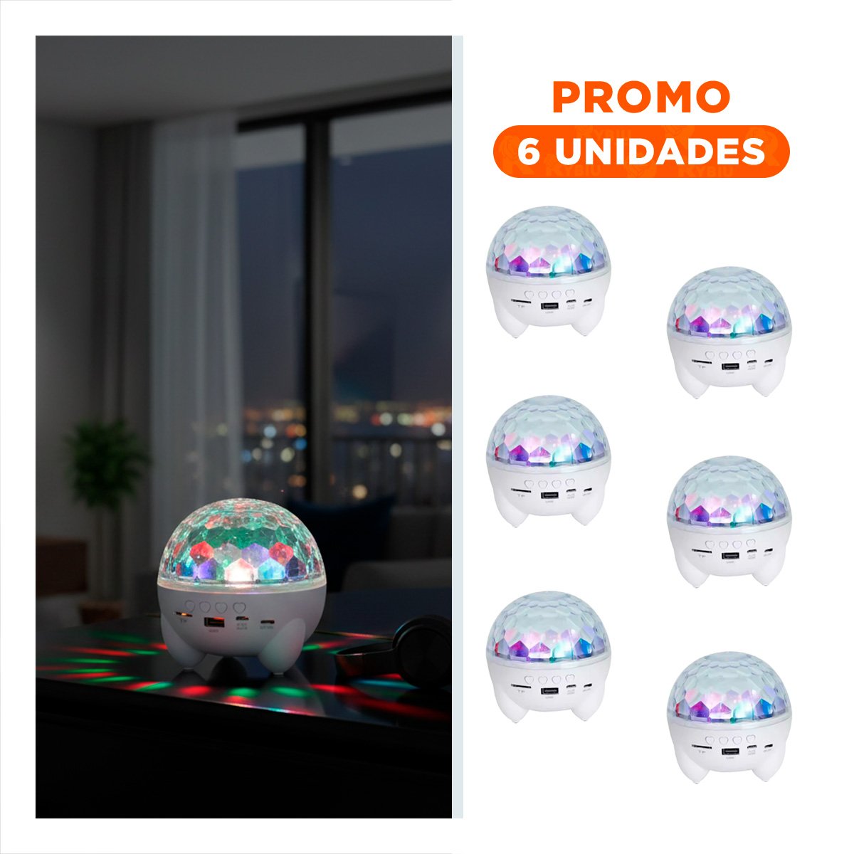 PACK6 ALTAVOZ FIESTA CON LAMPARA Y PROYECTOR DE LUCES BLANCO CON PATITAS - 1