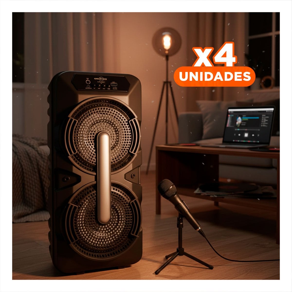 PACK4 PARLANTE COMPACTO NEGRO 8 PULGADAS CON MICROFONO Y LUCES LED GIRATORIAS - 1