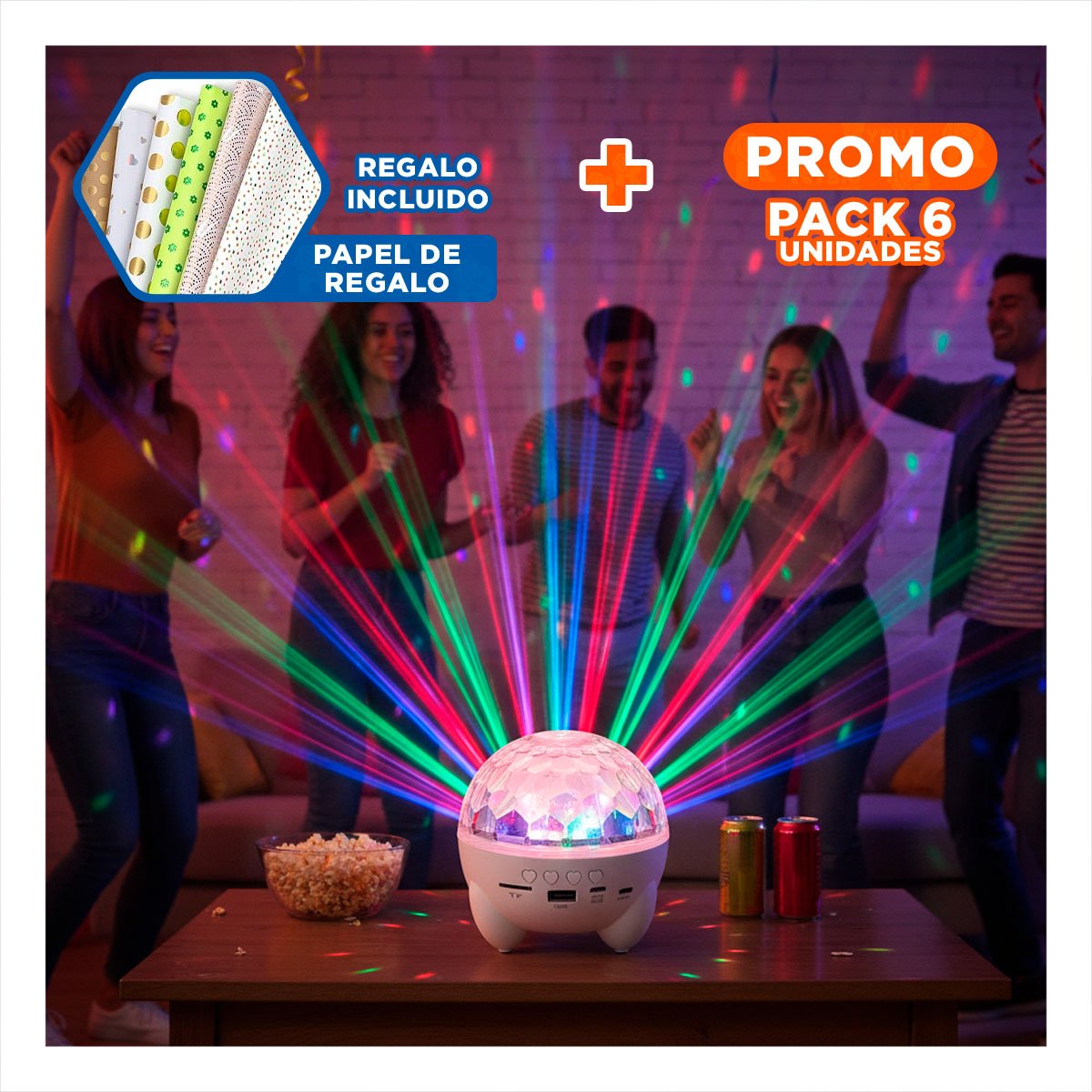 PACK6 SONIDO LAMPARA BLUETOOTH CON PROYECTOR DE EFECTOS COLOR BLANCO Y+PAPEL REGALO - 1