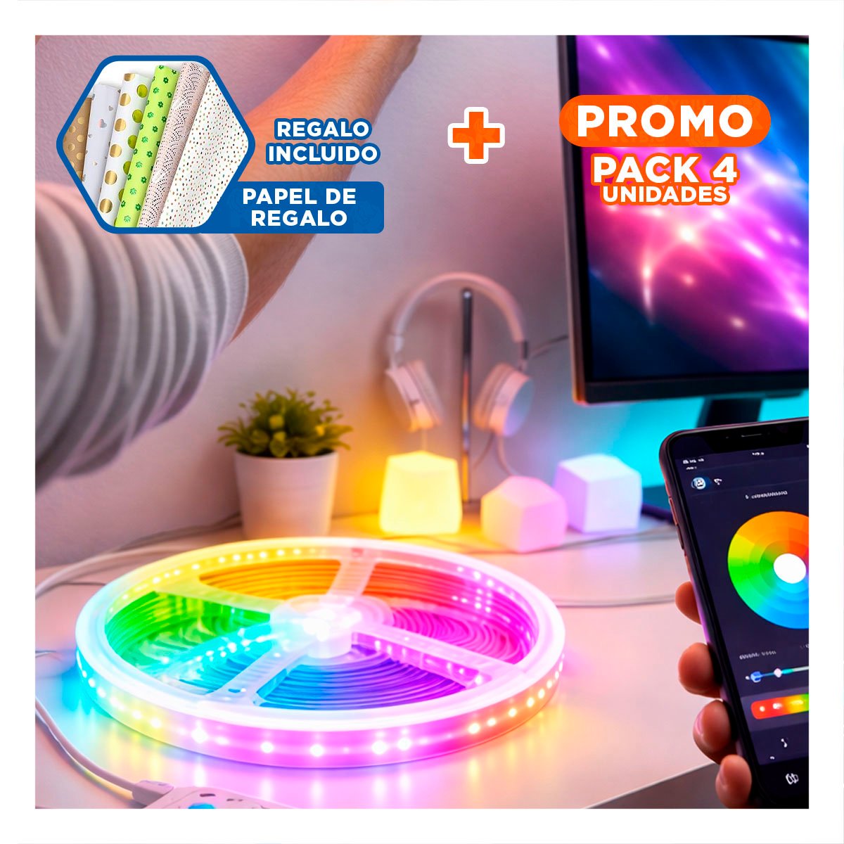 PACK4 TIRA 5M LED BLUETOOTH PARA CELULAR Y LUZ DECORATIVA EN CASA FESTIVA Y+PAPEL REGALO - 1