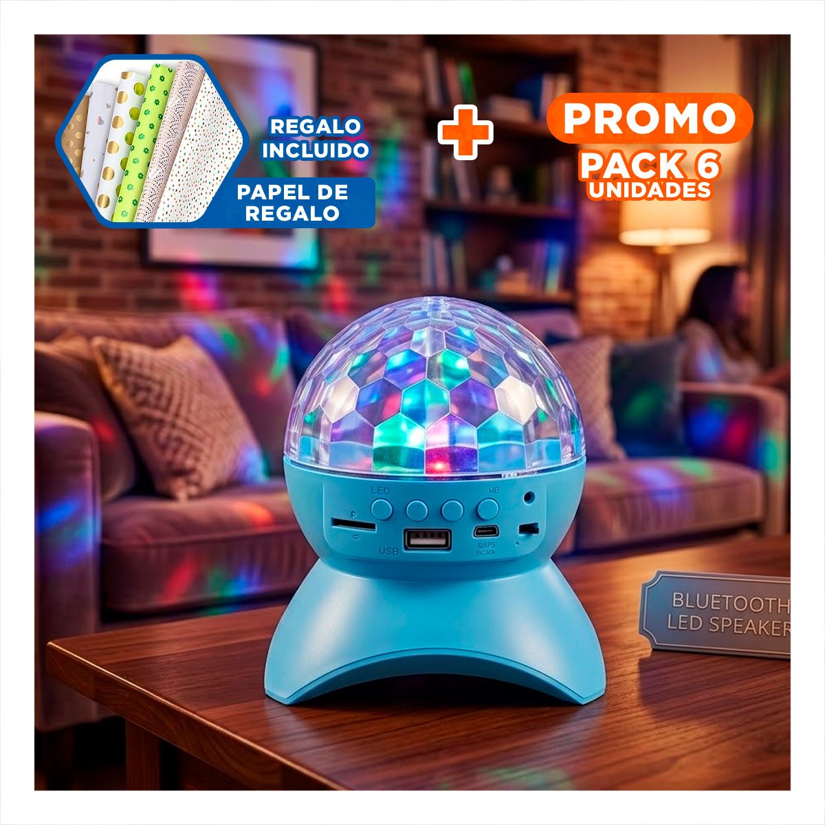 PACK6 SONIDO LAMPARA BLUETOOTH CON LUCES LED GIRATORIO CELESTE Y+PAPEL REGALO - 1