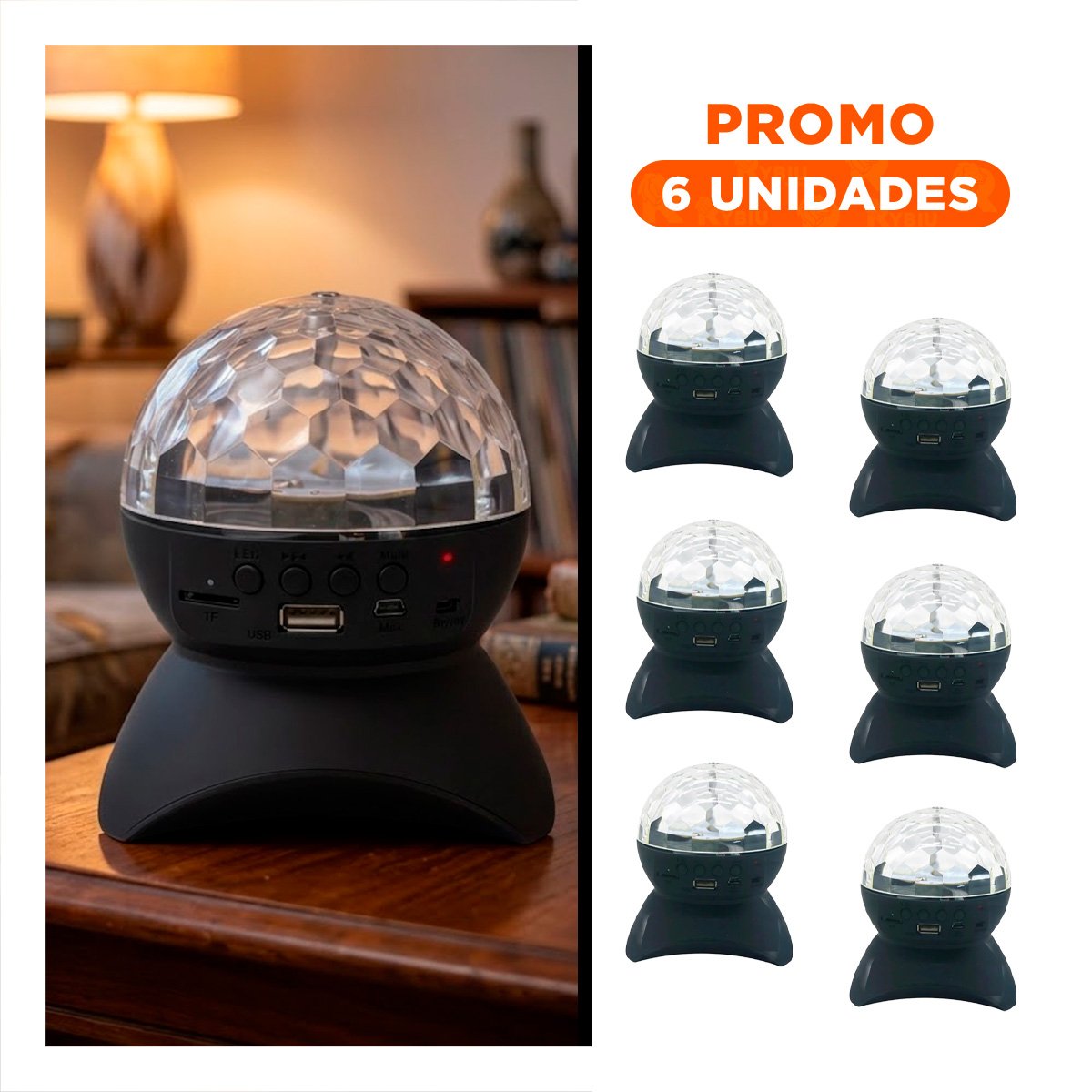 PACK6 ALTAVOZ FIESTA CON LAMPARA Y LUCES LED GIRATORIO NEGRO - 1