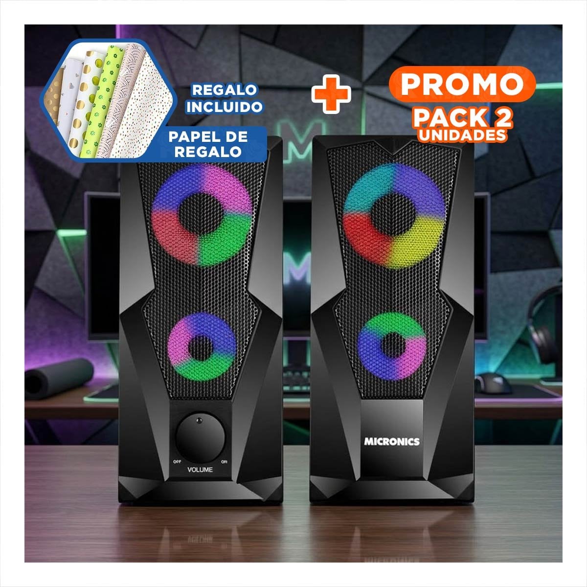 PACK2 ALTAVOZ DE COLOR NEGRO CON BOTONES DE CONTROL Y SONIDO Y+PAPEL REGALO - 1