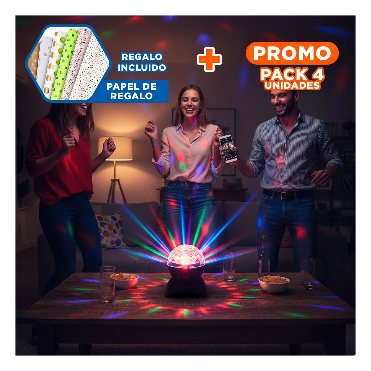 PACK4 BOCINA MUSICA CON LUCES LED GIRATORIO Y LAMPARA NEGRO Y+PAPEL REGALO - 1