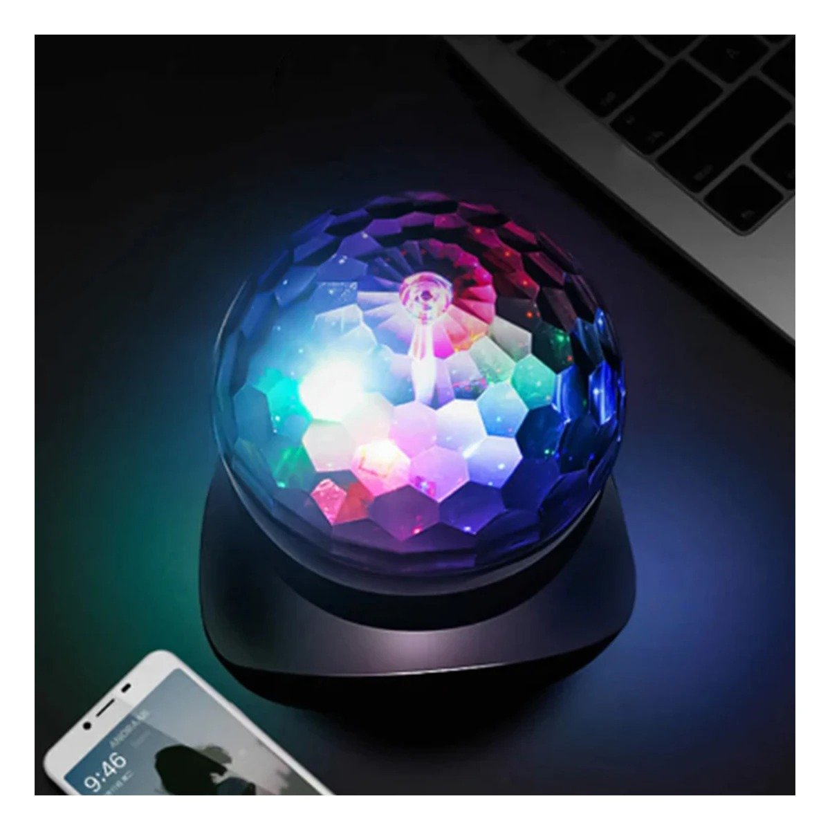 PACK4 BOCINA MUSICA CON LUCES LED GIRATORIO Y LAMPARA NEGRO Y+PAPEL REGALO - 5