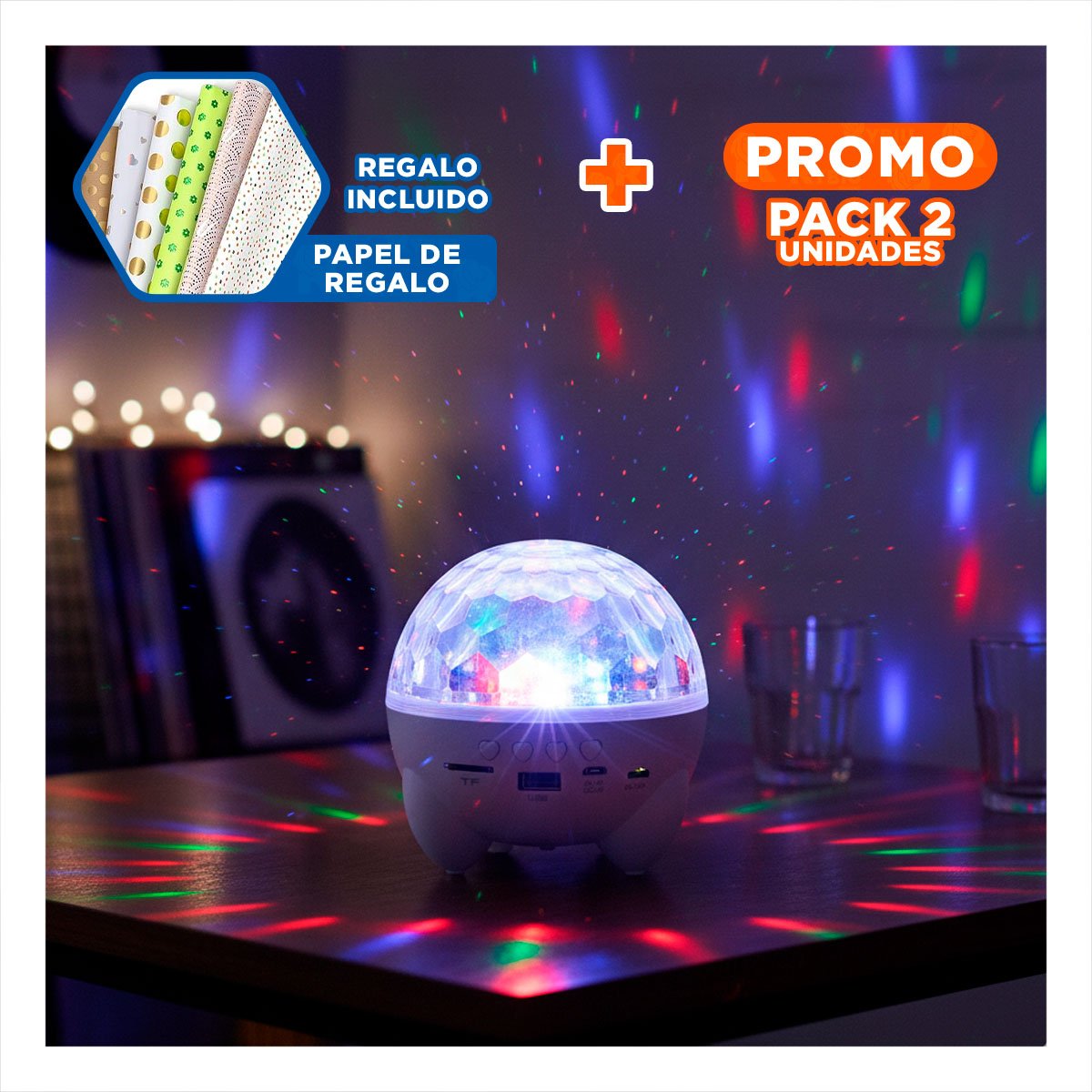 PACK2 BOCINA LED CON LAMPARA Y PROYECTOR DE ESTRELLAS COLOR BLANCO Y+PAPEL REGALO - 1