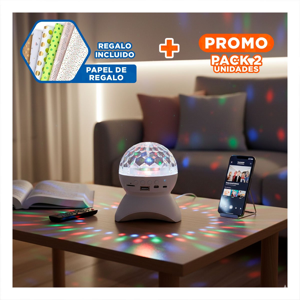PACK2 BOCINA MUSICA CON LAMPARA Y LUCES LED GIRATORIO BLANCO Y+PAPEL REGALO - 1