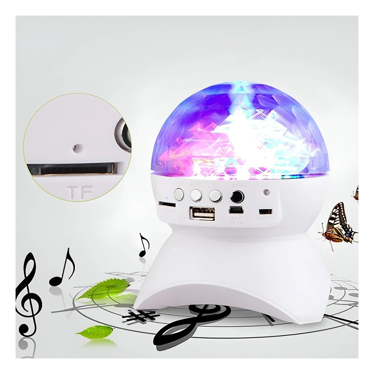 PACK2 BOCINA MUSICA CON LAMPARA Y LUCES LED GIRATORIO BLANCO Y+PAPEL REGALO - 5