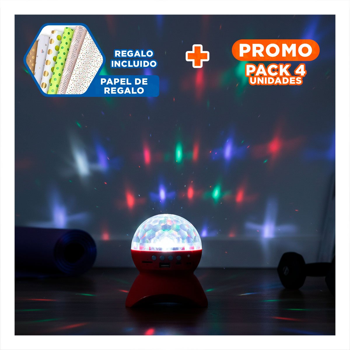 PACK4 BOCINA PORTATIL CON LUCES LED GIRATORIO Y LAMPARA ROJO Y+PAPEL REGALO - 1