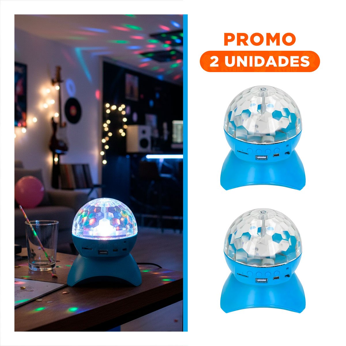 PACK2 ALTAVOZ PORTATIL CON LUCES LED GIRATORIO, LAMPARA COLOR CELESTE - 1