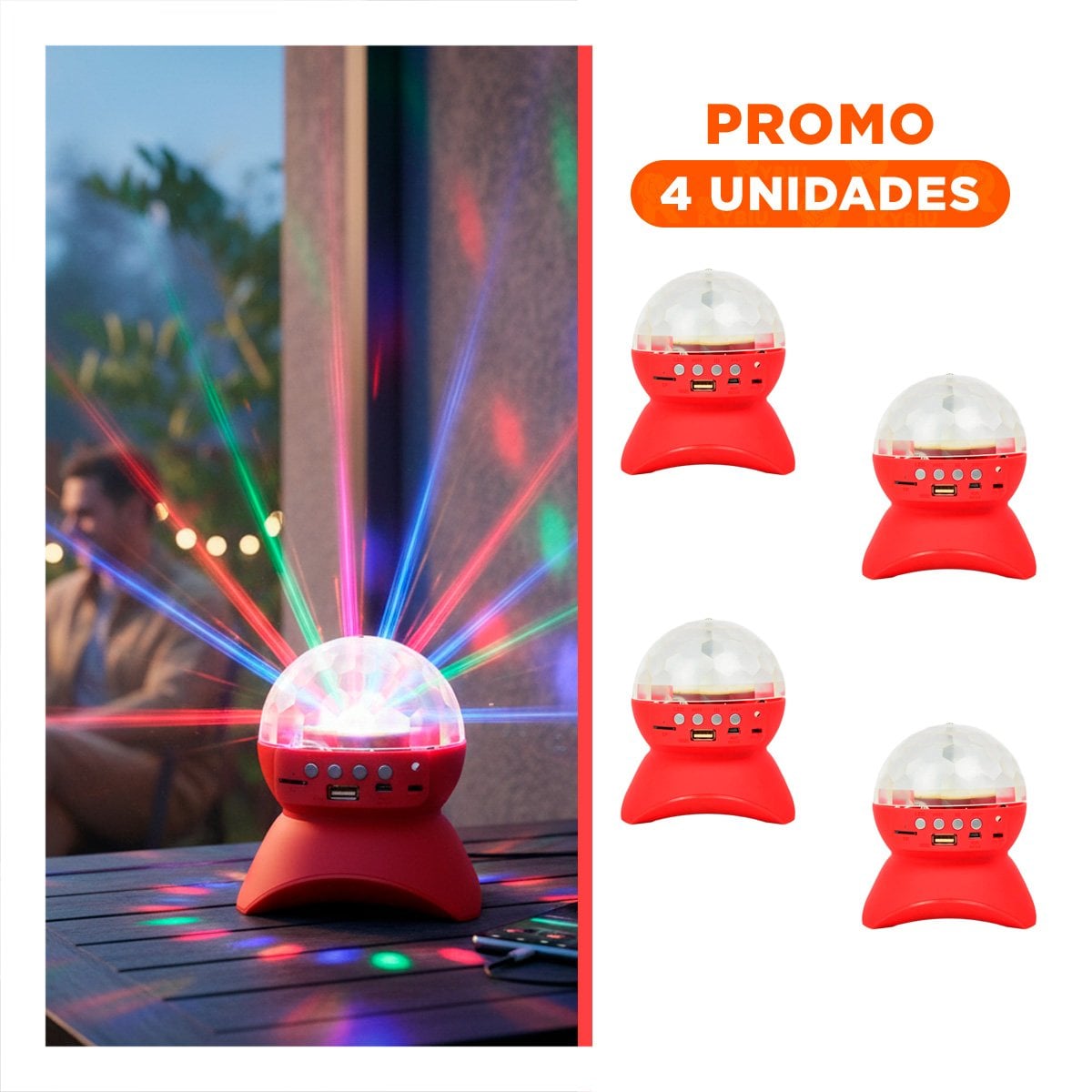 PACK4 PARLANTE FIESTA CON LAMPARA Y LUCES LED GIRATORIO COLOR ROJO Y+REGALO STICKER - 1