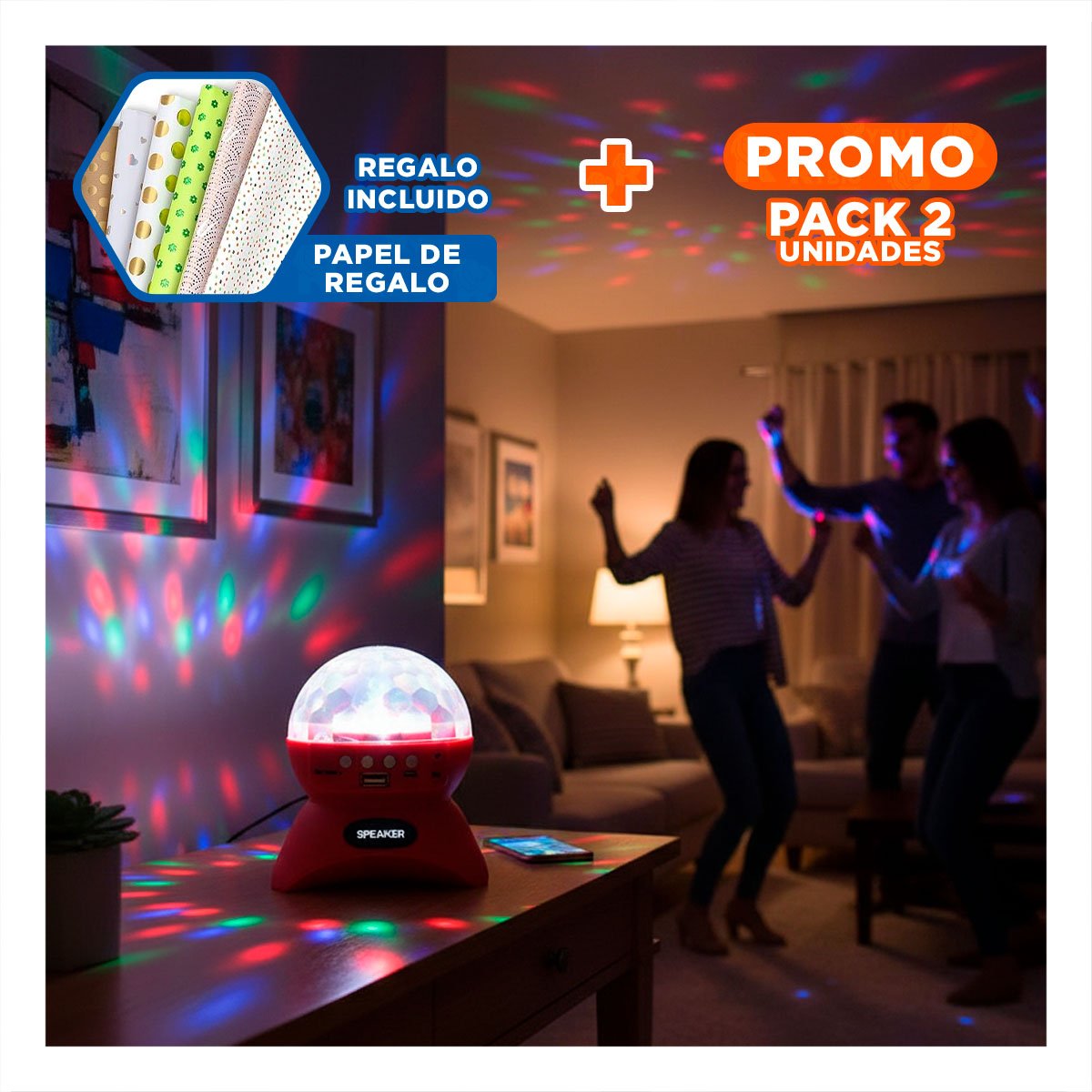 PACK2 BOCINA FIESTA CON LAMPARA Y LUCES LED GIRATORIO COLOR ROJO Y+PAPEL REGALO - 1