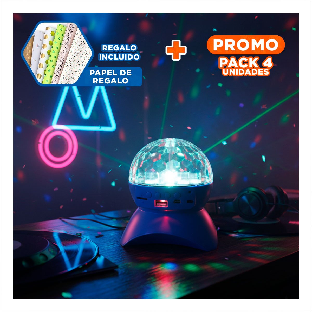 PACK4 BOCINA MUSICA CON LUCES LED GIRATORIO, LAMPARA COLOR CELESTE Y+PAPEL REGALO - 1
