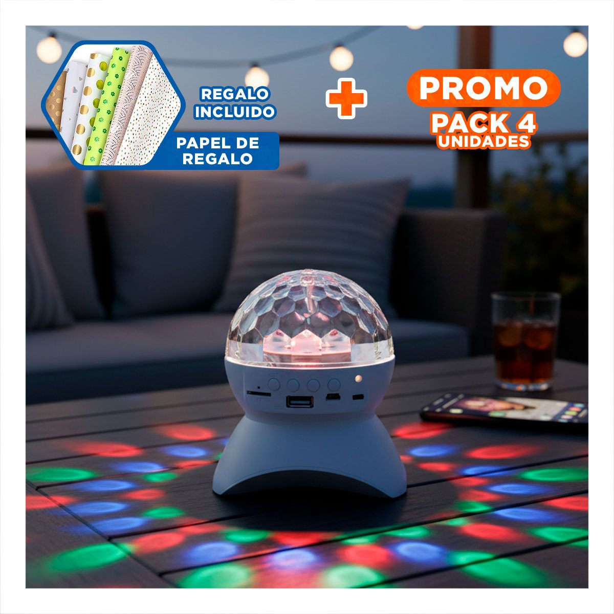 PACK4 BOCINA FIESTA CON LUCES LED GIRATORIO, LAMPARA COLOR BLANCO Y+PAPEL REGALO - 1