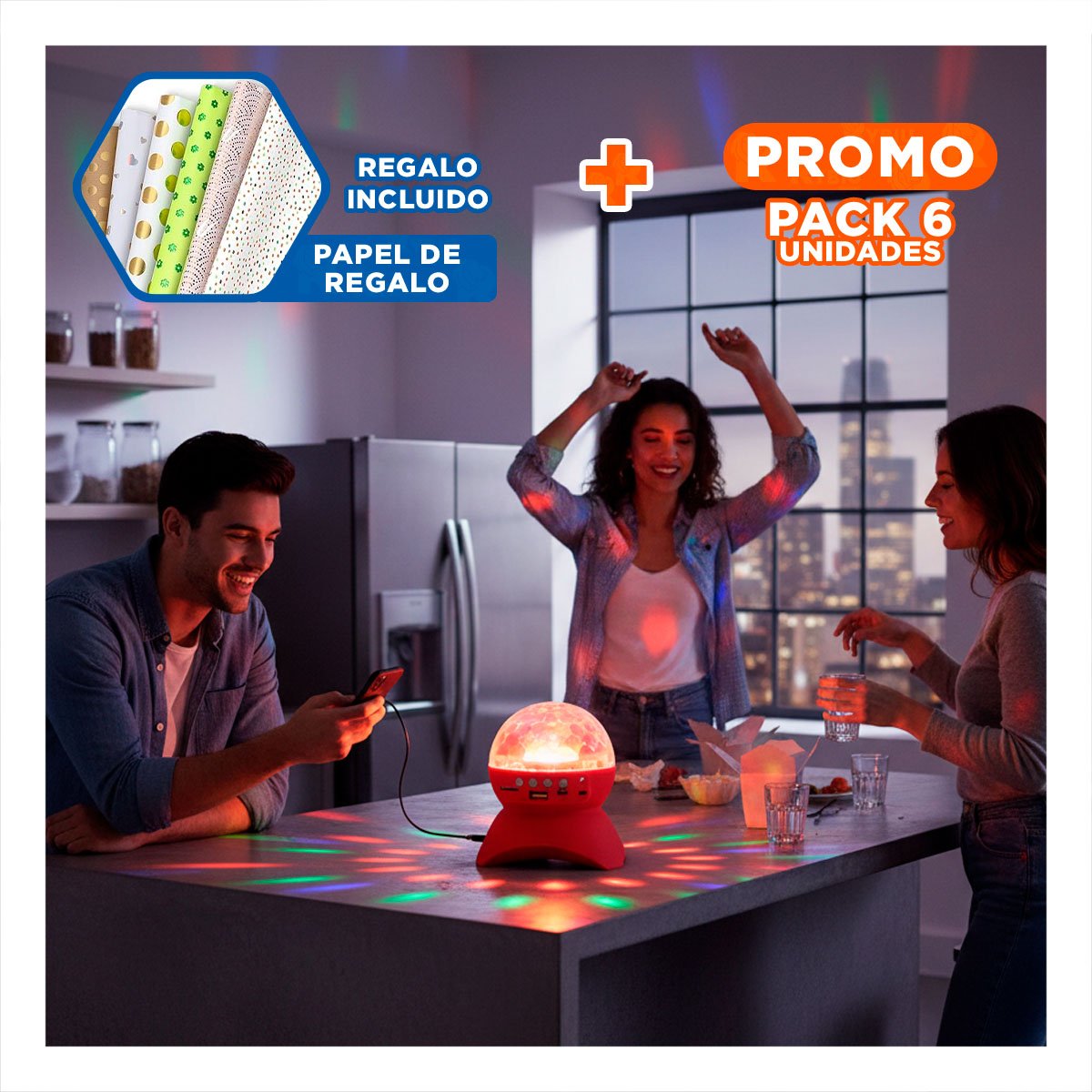 PACK6 SONIDO LAMPARA BLUETOOTH CON LUCES LED GIRATORIO COLOR ROJO Y+PAPEL REGALO - 1