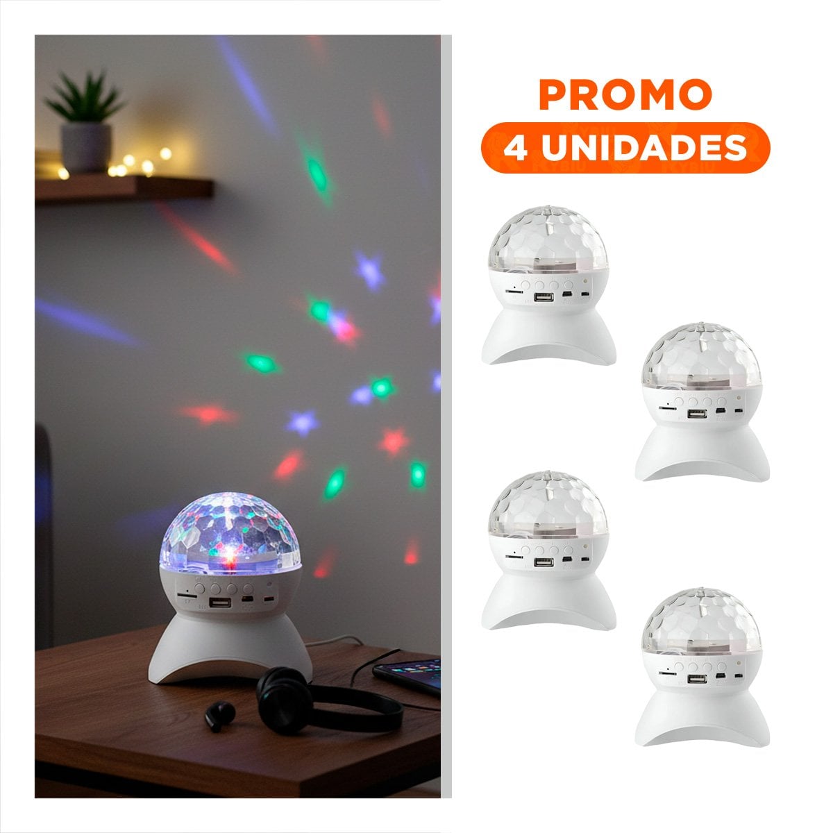 PACK4 PARLANTE MUSICA CON LAMPARA Y LUCES LED GIRATORIO BLANCO Y+REGALO STICKER - 1