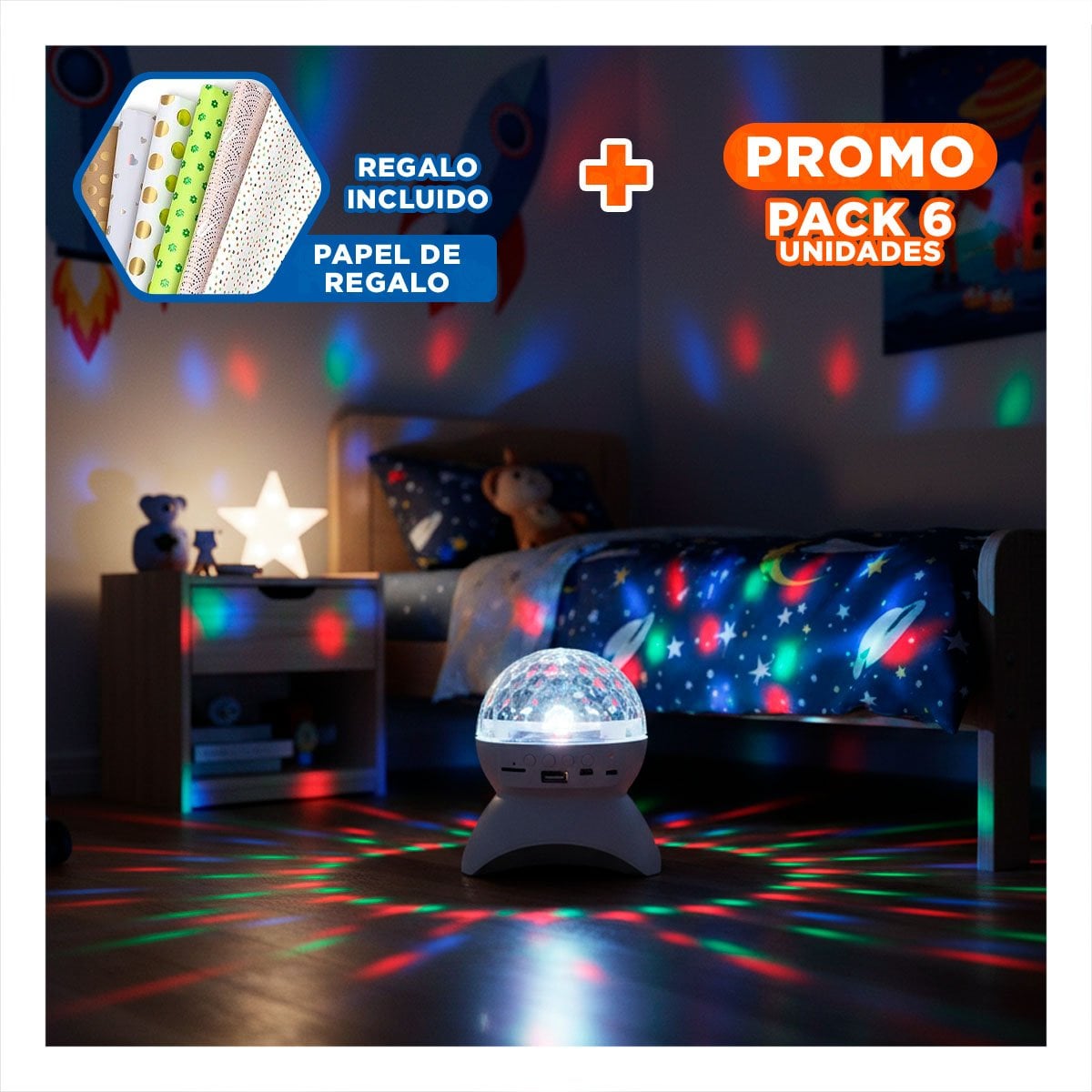 PACK6 SONIDO LAMPARA BLUETOOTH CON LUCES LED GIRATORIO BLANCO Y+PAPEL REGALO - 1