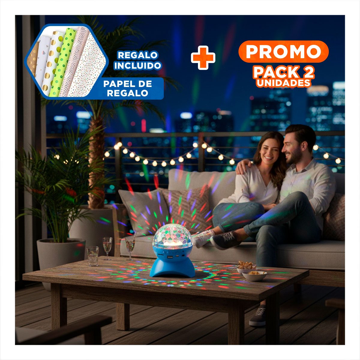 PACK2 BOCINA PORTATIL CON LAMPARA Y LUCES LED GIRATORIO CELESTE Y+PAPEL REGALO - 1