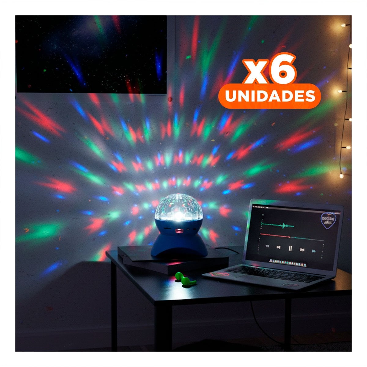 PACK6 BOCINA PORTATIL CON LUCES LED GIRATORIO Y LAMPARA COLOR CELESTE Y+REGALO STICKER - 1