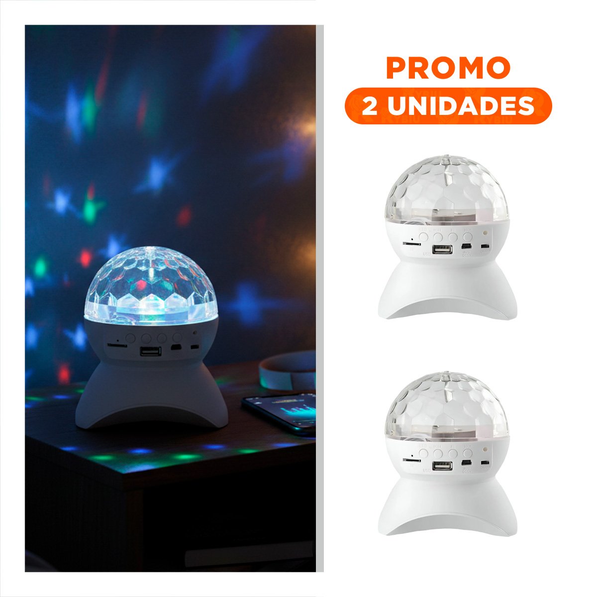 PACK2 ALTAVOZ FIESTA CON LUCES LED GIRATORIO Y LAMPARA COLOR BLANCO - 1