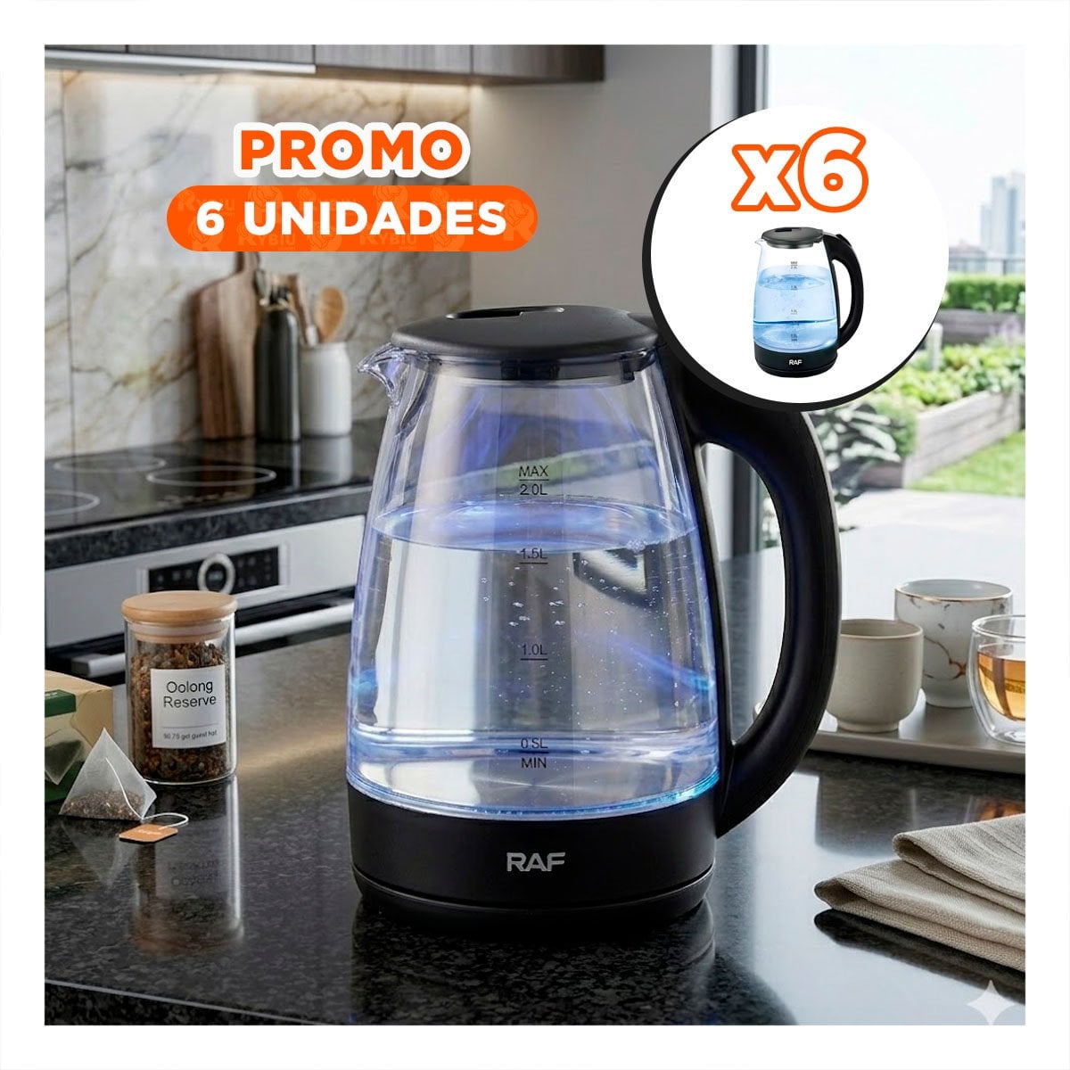 PACK6 JARRA ELECTRICA NEGRO DE VIDRIO Y ACERO 2L PARA DIARIO EN EL HOGAR YREGALO STICKER - 1