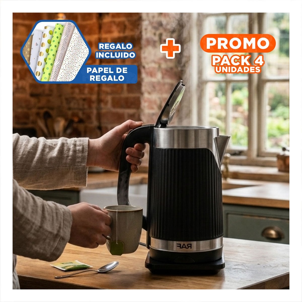 PACK4 CALENTADOR ELECTRICO DE AGUA 3.5L NEGRO DE ACERO Y ABS PARA CAFE YPAPEL REGALO - 1