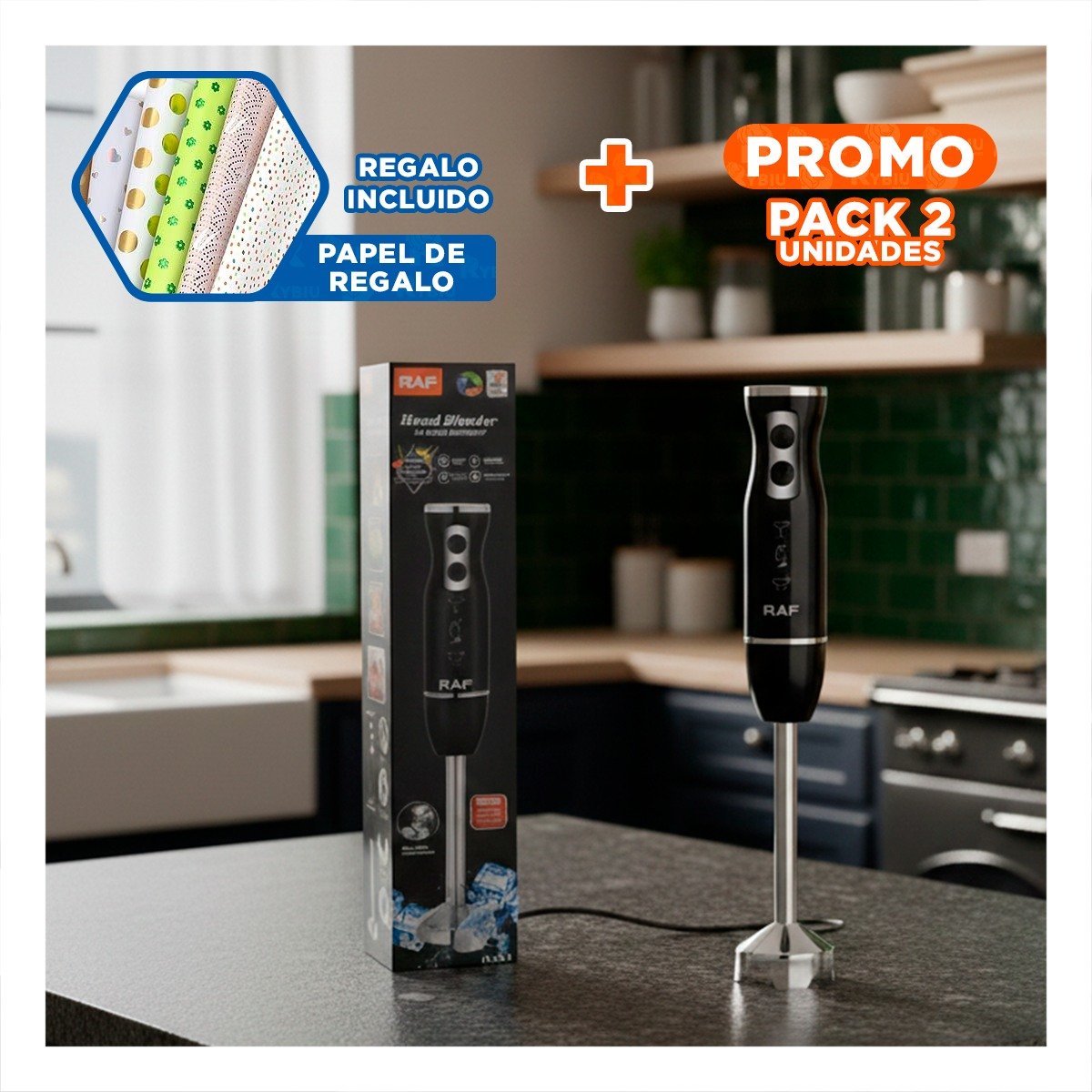 PACK2 PROCESADOR DE INMERSION DE FACIL LIMPIEZA PARA SU COCINA EN COLOR NEGRO YPAPEL REGALO - 1