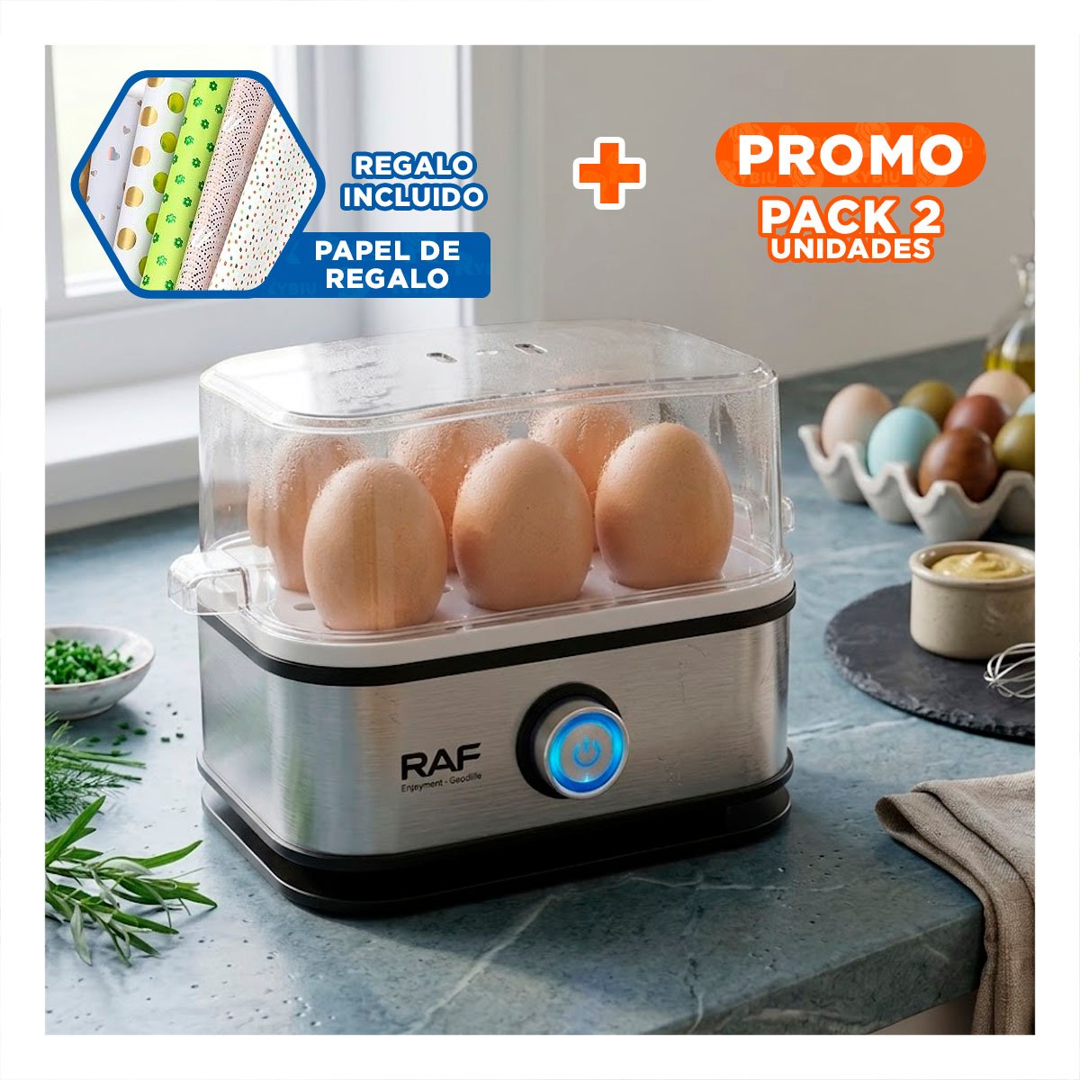 PACK2 PREPARADOR DE HUEVOS CON CUERPO DE ACERO PLATEADO DE FACIL MANTENIMIENTO YPAPEL REGALO - 1