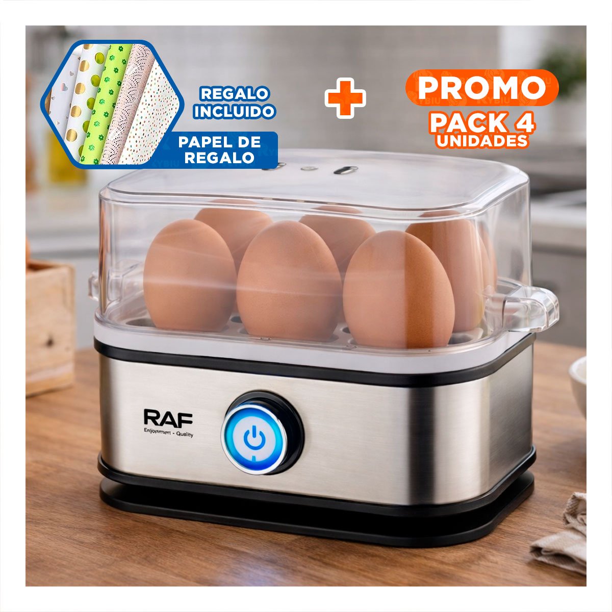 PACK4 MAQUINA CON CABLE DE GRAN ALCANCE PLATEADA PARA MESADA DE COCINA DE HUEVOS YPAPEL REGALO - 1