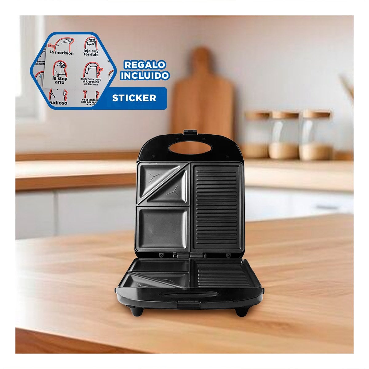 TOSTADORA RAPIDA NEGRO DE ALUMINIO 3 EN 1 CON LUCES INDICADORAS DE COCCION YREGALO STICKER - 1