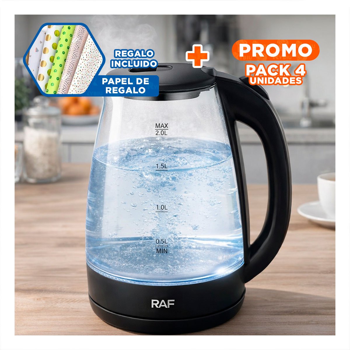 PACK4 CALENTADOR ELECTRICO DE ACERO Y VIDRIO NEGRO 2L PARA UNA COCINA MUY LIMPIA YPAPEL REGALO - 1
