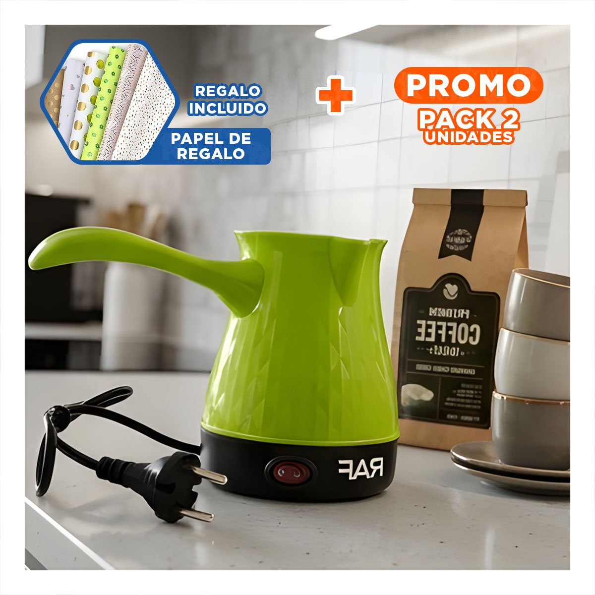 PACK2 EQUIPO DE ACERO INOXIDABLE 500ML TURCO VERDE Y PLASTICO PARA LA GENTE Y+PAPEL REGALO - 1