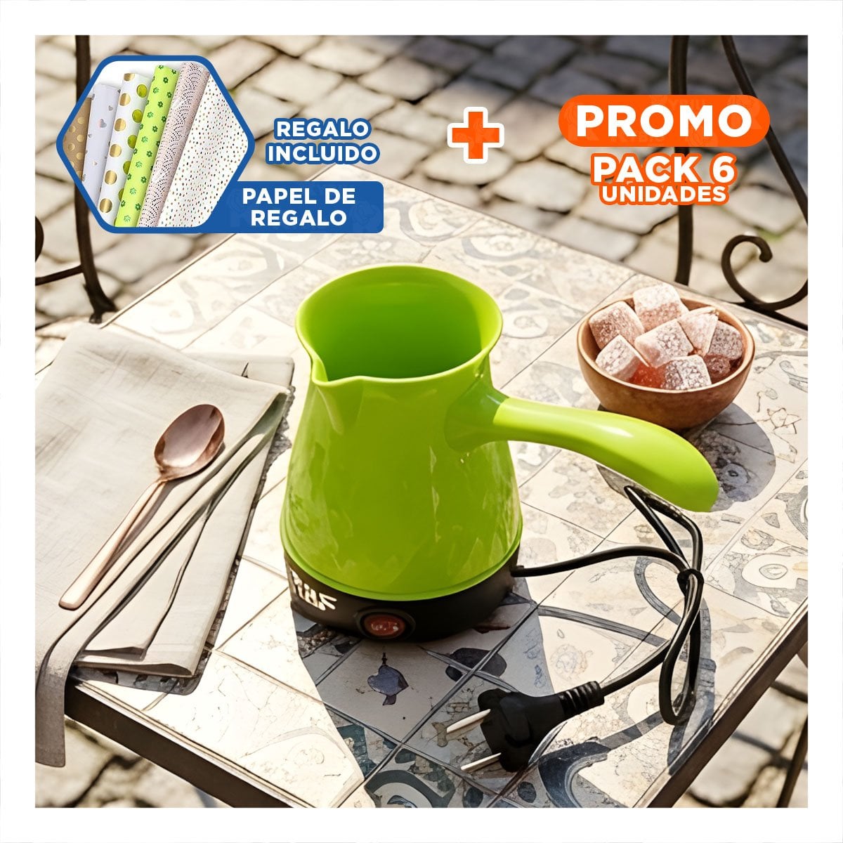 PACK6 ACCESORIO DE PLASTICO VERDE TURCO Y ACERO INOXIDABLE 500ML PARA GUSTO Y+PAPEL REGALO - 1