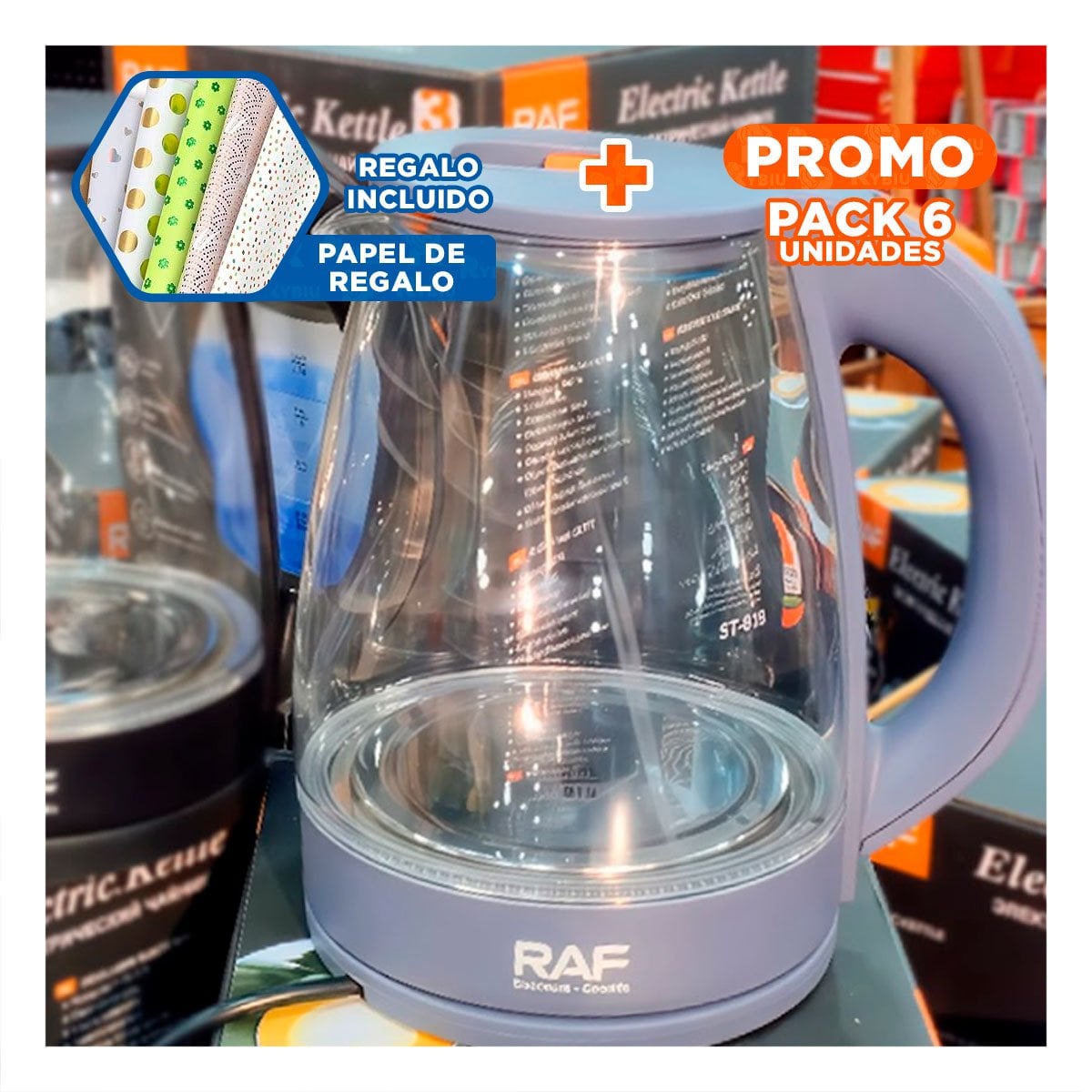 PACK6 TETERA ELECTRICA DE VIDRIO CON ACERO GRIS DE 2 LITROS PARA AGUA CALIENTE YPAPEL REGALO - 1