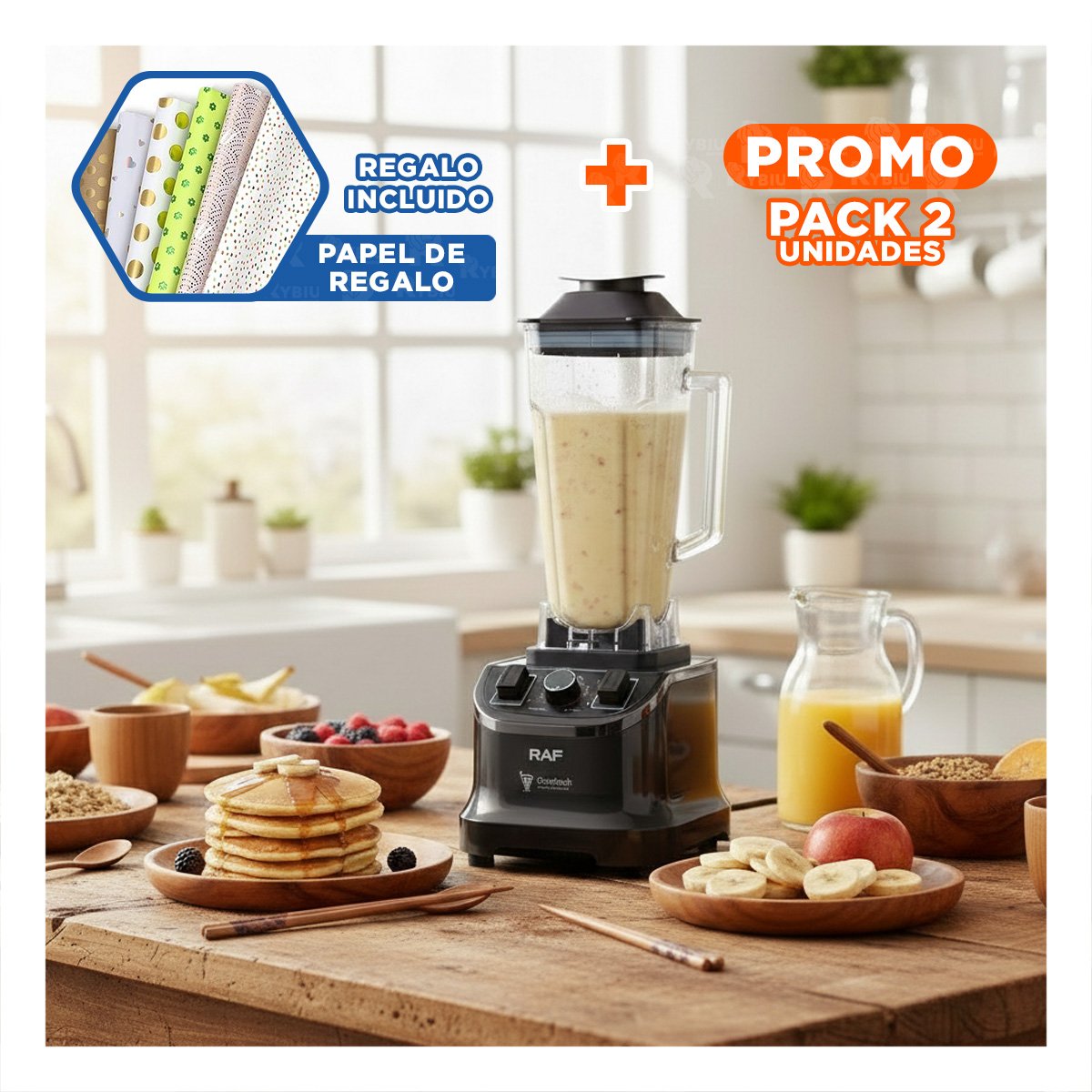 PACK2 MEZCLADORA PROFESIONAL PARA PREPARAR JUGOS 2L EN LA COCINA DE NEGRO YPAPEL REGALO - 1