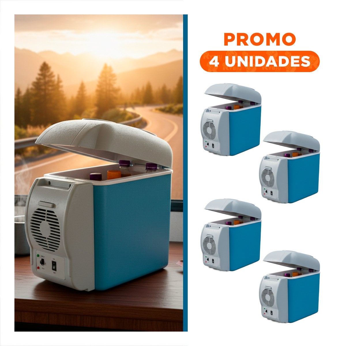 PACK4 COOLER DE CARRO 7.5L AZUL PORTATIL PARA SALIDAS DE FIN DE SEMANA EN AUTO YREGALO STICKER - 1
