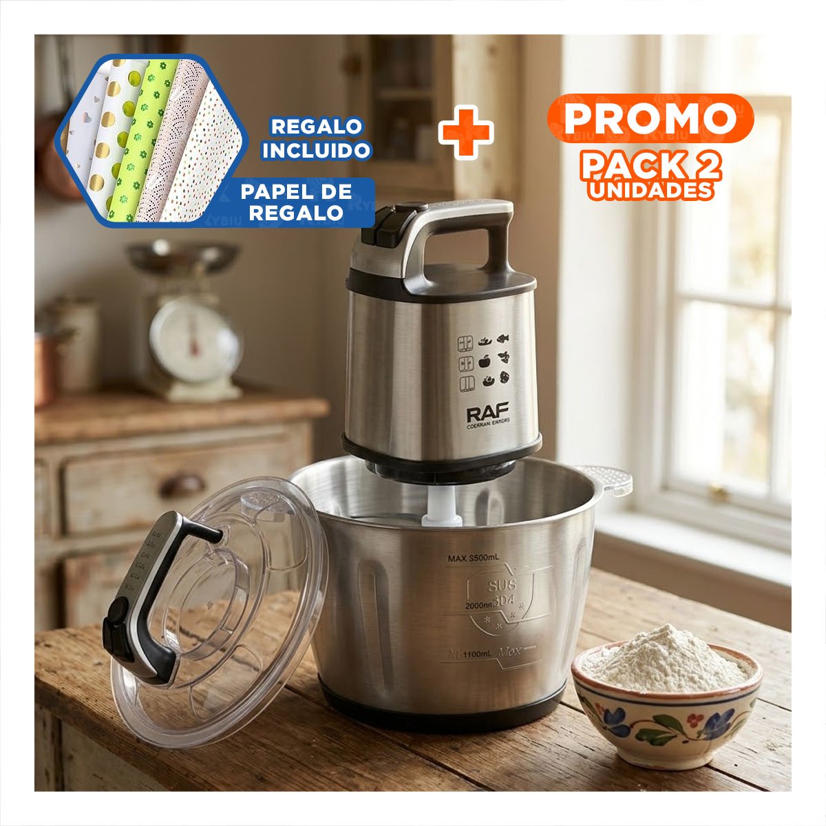 PACK2 TRINCHADOR DE ALIMENTOS 3L NEGRO POTENTE Y MODERNO PARA LA COCINA YPAPEL REGALO - 1