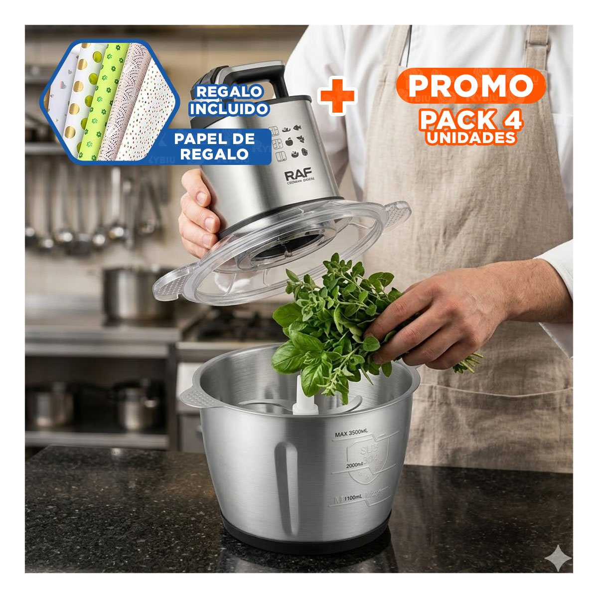 PACK4 MULTIPROCESADOR DE ALIMENTOS NEGRO 3L TECNOLOGIA MODERNA PARA LA COCINA YPAPEL REGALO - 1