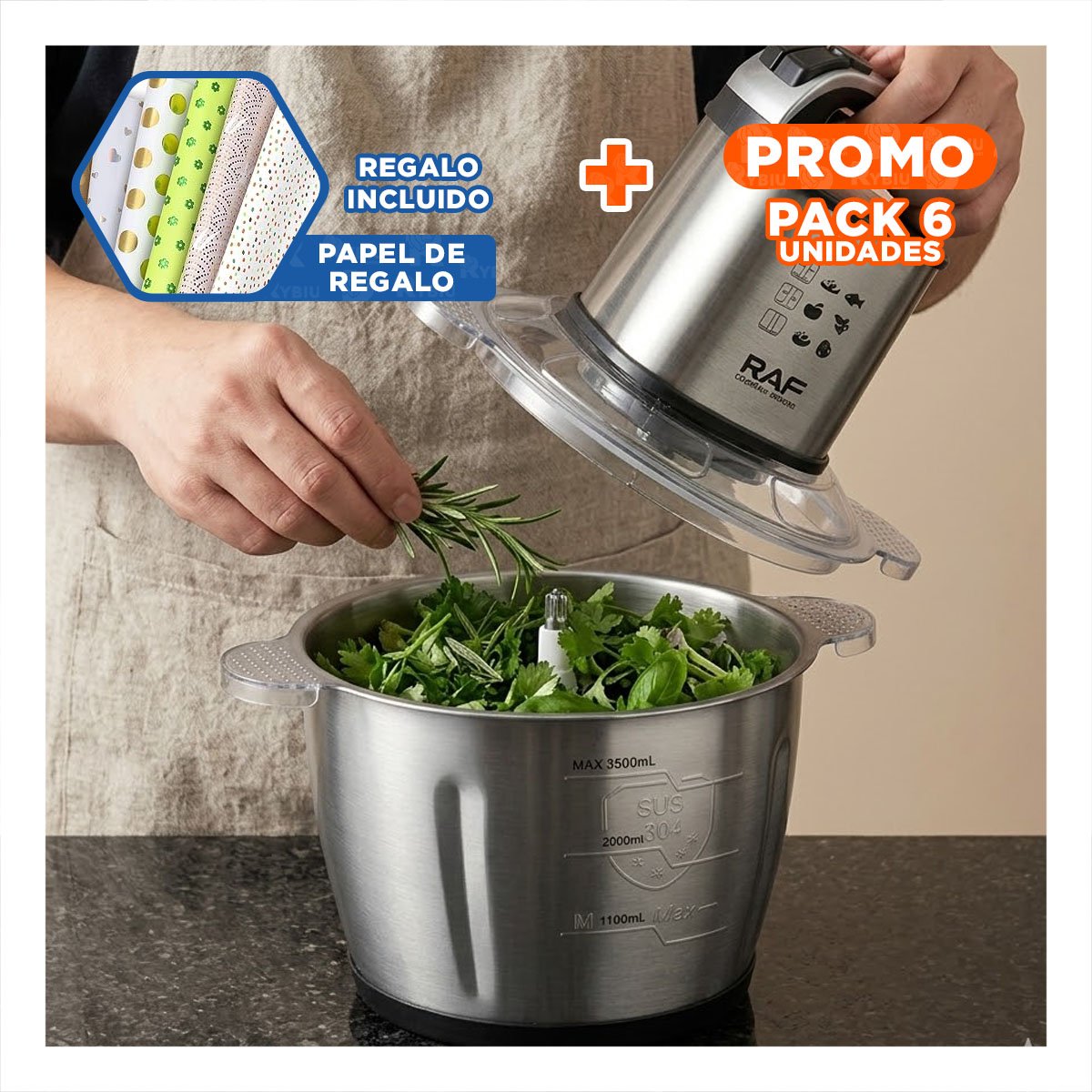 PACK6 MOLEDOR DE ALIMENTOS 3L NEGRO TECNOLOGIA DE ALTA CALIDAD PARA EL HOGAR YPAPEL REGALO - 1