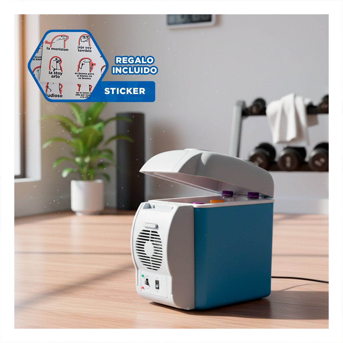MINI REFRI PORTATIL 7.5L DE COLOR AZUL PARA GUARDAR ALIMENTOS EN EL AUTO YREGALO STICKER - 1
