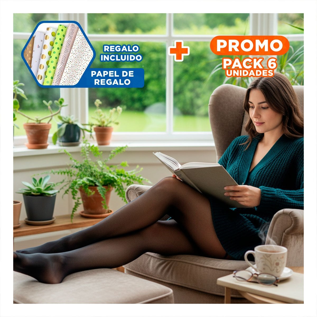PACK6 PANTALONETA TERMICA COLOR NEGRO EFECTO PIEL TALLA UNICA PARA IR A VESTIR Y+PAPEL REGALO - 1