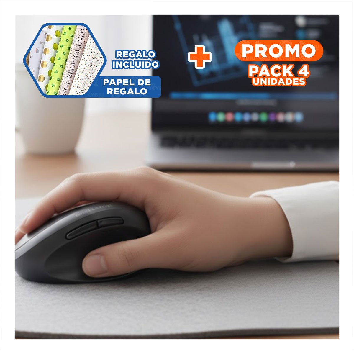 PACK4 MOUSE PARA COMPUTADORA VERTICAL CON CONEXION INALAMBRICA COLOR NEGRO Y+PAPEL REGALO - 1