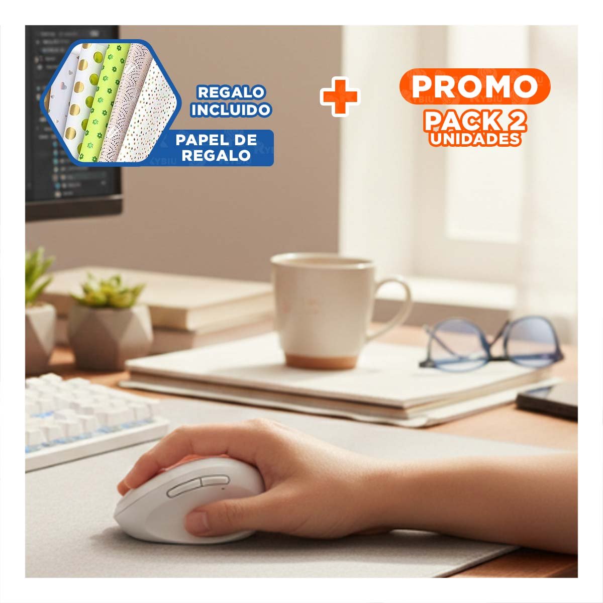 PACK2 ACCESORIO INALAMBRICO VERTICAL BLANCO DE CLICK LIVIANO PARA GESTION EN RED Y+PAPEL REGALO - 1