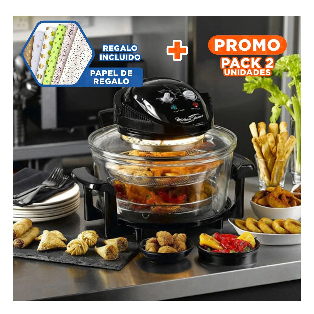 PACK2 AIR FRYER 3 EN 1 12 LITROS TRANSPARENTE CON COLOR NEGRO EFICIENTE Y SEGURA Y+PAPEL REGALO - 1