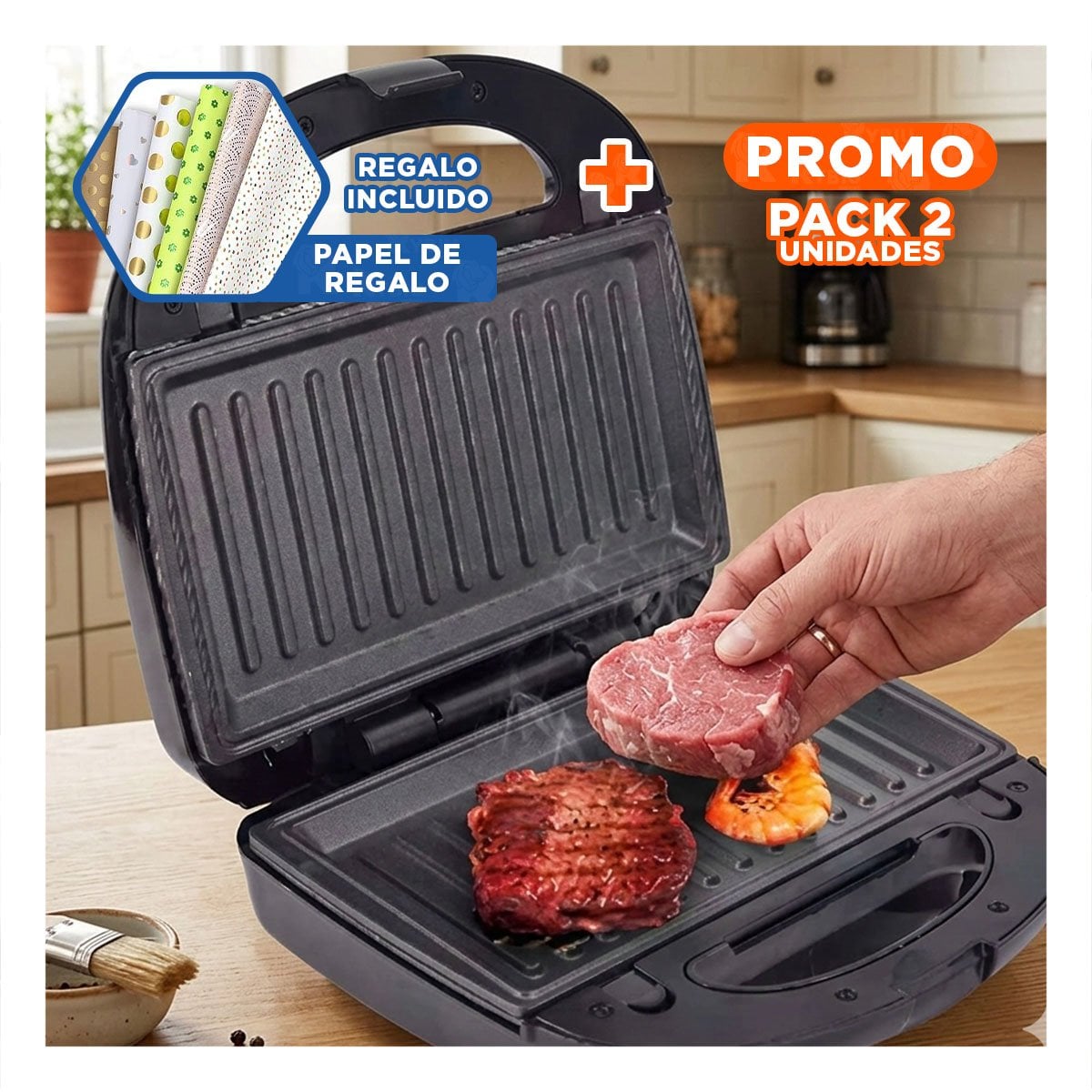 PACK2 SANDWICHERA MULTIFUNCIONAL 8 EN 1 CON PLACAS ANTIADHESIVAS Y NEGRO Y+PAPEL REGALO - 1